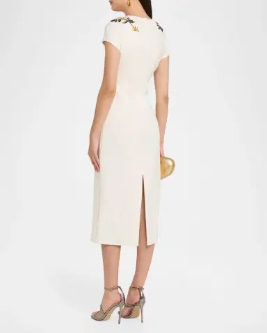 Oscar de la Renta Short-Sleeve Beaded Sheath Midi Dress | Thumbnail 3