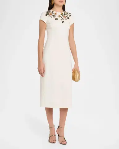 Oscar de la Renta Short-Sleeve Beaded Sheath Midi Dress | Thumbnail 4
