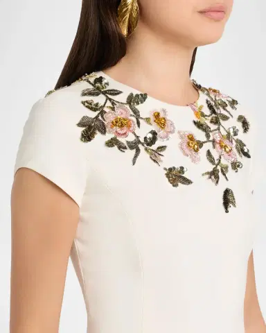 Oscar de la Renta Short-Sleeve Beaded Sheath Midi Dress | Thumbnail 5