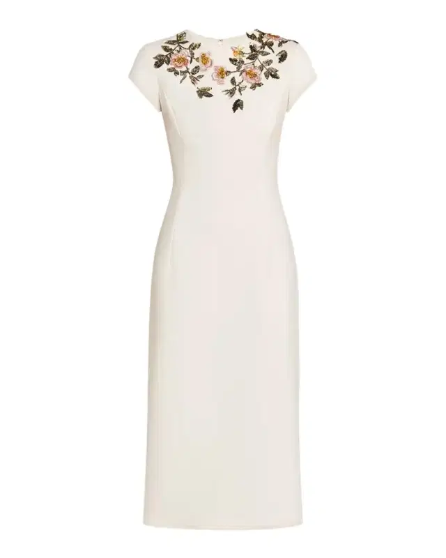 Oscar de la Renta Short-Sleeve Beaded Sheath Midi Dress