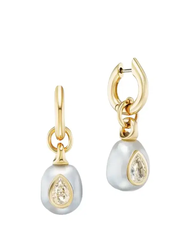 Uniform Object 18K South Sea Pearl Drop Carriage Huggie Earrings with Pear Brilliant Diamonds