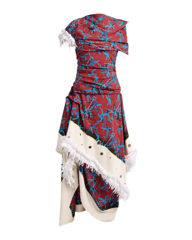 Proenza Schouler Bodine Asymmetric Draped Grommet Fringe High-Low Dress