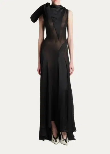McQueen Sleeveless Bow Silk Georgette & Satin Paneled Maxi Dress | Thumbnail 2 McQueen Sleeveless Bow Silk Georgette & Satin Paneled Maxi Dress | Thumbnail 2