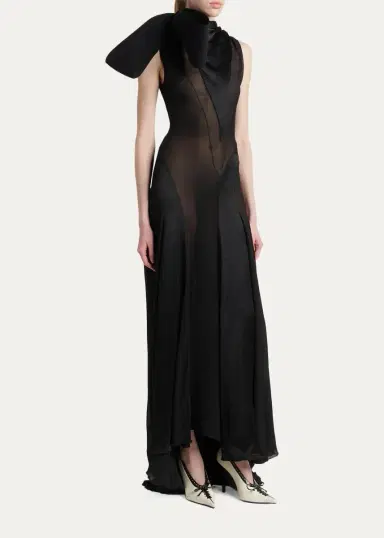 McQueen Sleeveless Bow Silk Georgette & Satin Paneled Maxi Dress | Thumbnail 4 McQueen Sleeveless Bow Silk Georgette & Satin Paneled Maxi Dress | Thumbnail 4