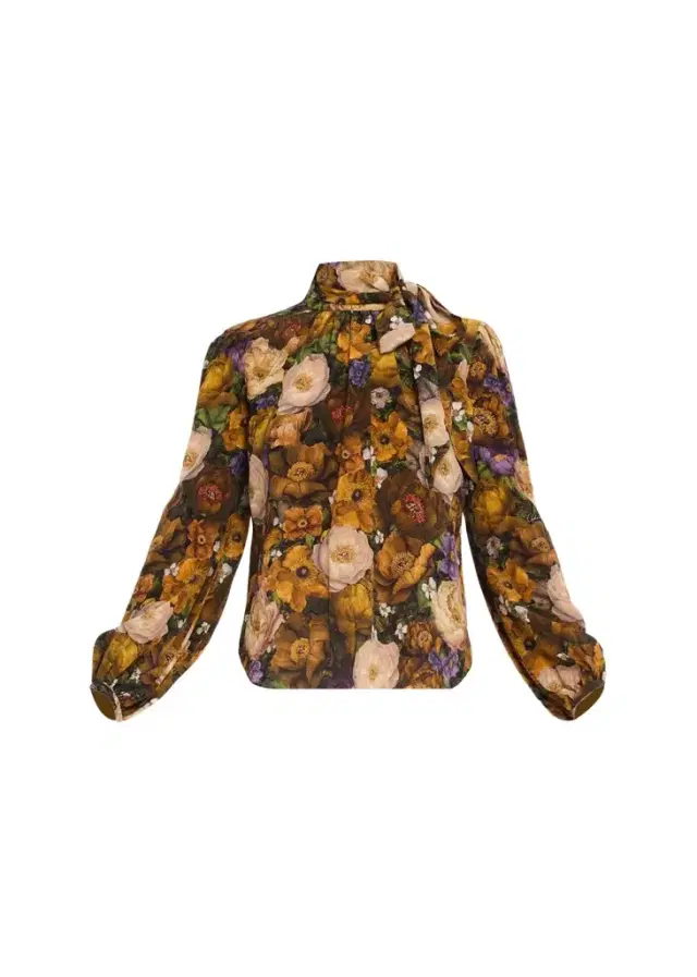 Adam Lippes Joan Floral Silk Neck Scarf Long-Sleeve Top
