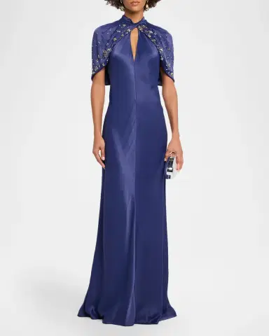 Alberta Ferretti Embellished Capelet-Sleeve Keyhole Satin Gown | Thumbnail 2