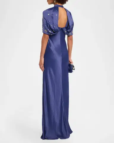 Alberta Ferretti Embellished Capelet-Sleeve Keyhole Satin Gown | Thumbnail 3