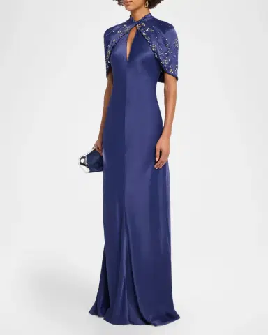 Alberta Ferretti Embellished Capelet-Sleeve Keyhole Satin Gown | Thumbnail 4