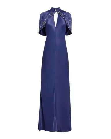 Alberta Ferretti Embellished Capelet-Sleeve Keyhole Satin Gown | Thumbnail 1