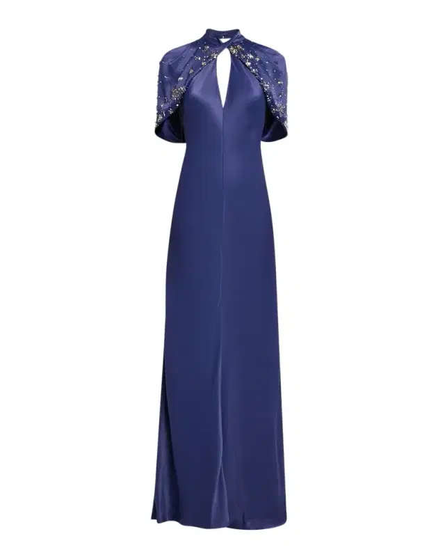 Alberta Ferretti Embellished Capelet-Sleeve Keyhole Satin Gown