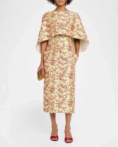 Alberta Ferretti Floral Mikado Silk Capelet Midi Dress | Thumbnail 2
