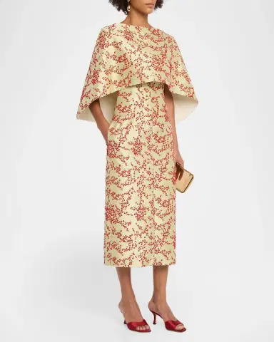 Alberta Ferretti Floral Mikado Silk Capelet Midi Dress | Thumbnail 4