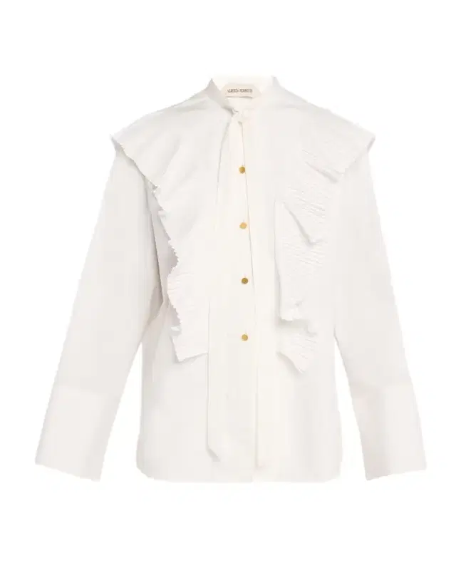 Alberta Ferretti Neck-Tie Plisse Ruffle Cotton Button-Down Blouse