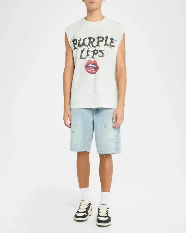 PURPLE Men's Textured Jersey Lips Graphic Sleeveless T-Shirt | Thumbnail 2