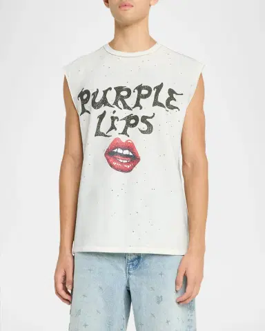 PURPLE Men's Textured Jersey Lips Graphic Sleeveless T-Shirt | Thumbnail 4