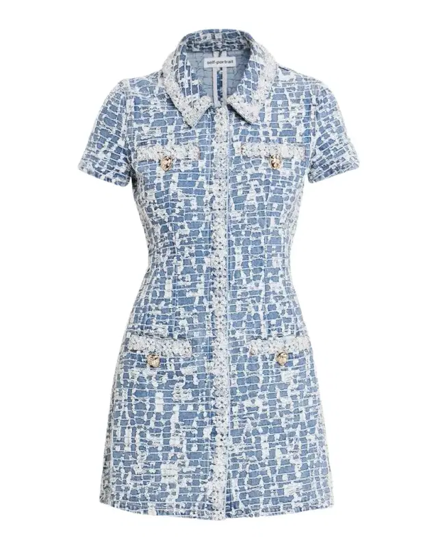 Self-Portrait Textured Denim Mini Shirtdress