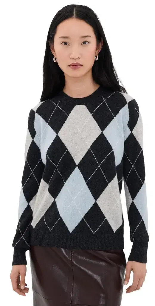 ENZA COSTA Cashmere Argyle Sweater Blue Grey Argyle