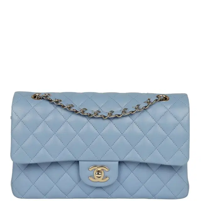 Chanel Chanel Medium Classic Double Flap Bag Light Blue Lambskin Light Gold Hardware