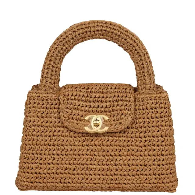 Chanel Chanel Small Kelly Shopper Dark Beige Raffia Brushed Gold Hardware
