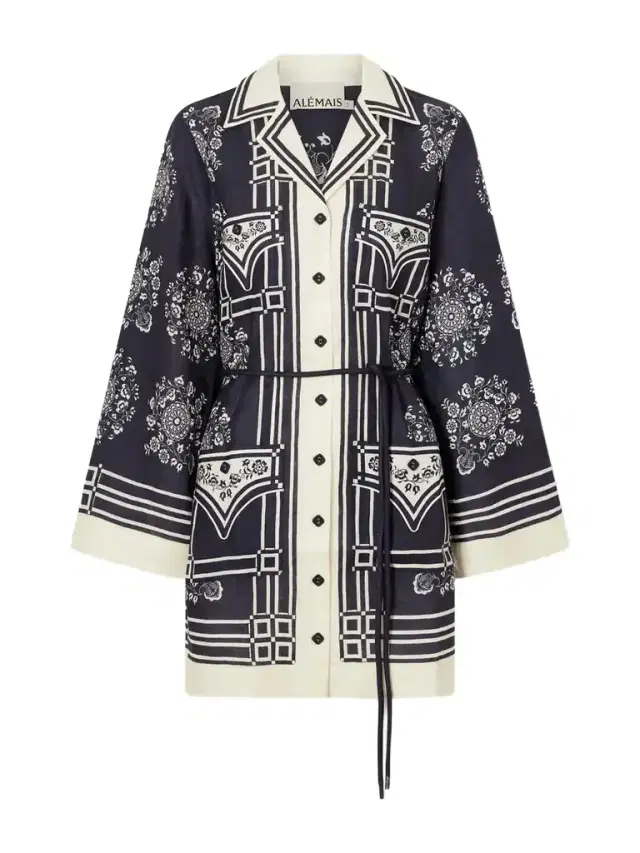 Banderra Belted Printed Linen Mini Dress Banderra Belted Printed Linen Mini Dress