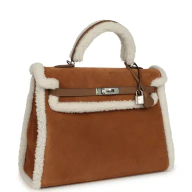 HERMÈS Hermes Teddy Kelly Retourne 35 Chamois, Ecru Shearling, Alezan Swift Palladium Hardware | Thumbnail 2 HERMÈS Hermes Teddy Kelly Retourne 35 Chamois, Ecru Shearling, Alezan Swift Palladium Hardware | Thumbnail 2