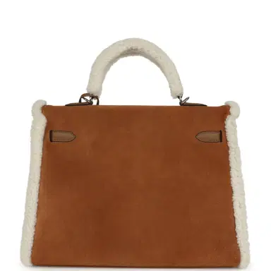 HERMÈS Hermes Teddy Kelly Retourne 35 Chamois, Ecru Shearling, Alezan Swift Palladium Hardware | Thumbnail 4 HERMÈS Hermes Teddy Kelly Retourne 35 Chamois, Ecru Shearling, Alezan Swift Palladium Hardware | Thumbnail 4