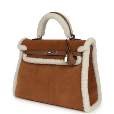 HERMÈS Hermes Teddy Kelly Retourne 35 Chamois, Ecru Shearling, Alezan Swift Palladium Hardware | Thumbnail 5 HERMÈS Hermes Teddy Kelly Retourne 35 Chamois, Ecru Shearling, Alezan Swift Palladium Hardware | Thumbnail 5