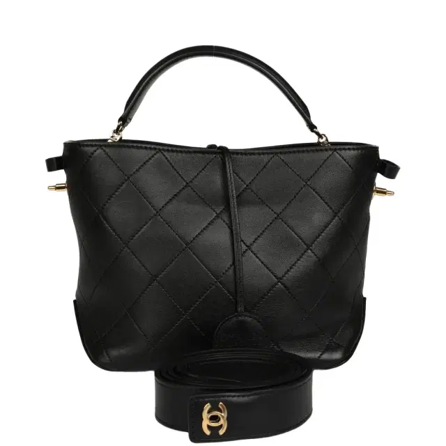 Chanel Pre-owned Chanel Top Handle Bucket Bag Black Calfskin Gold Hardware