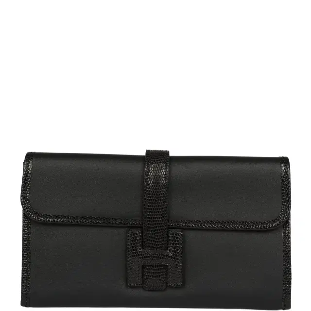 HERMÈS Pre-owned Hermes Jige Duo Clutch Touch Black Swift, Varanus Niloticus Lizard Touch Palladium Hardware