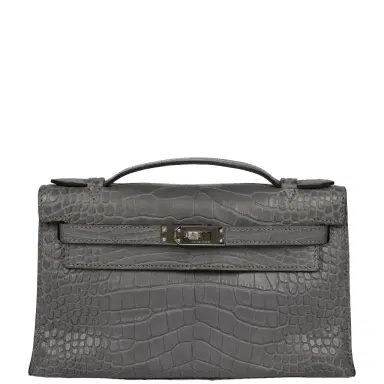 HERMÈS Pre-owned Hermes Kelly Pochette Gris Paris Matte Alligator Palladium Hardware | Thumbnail 1