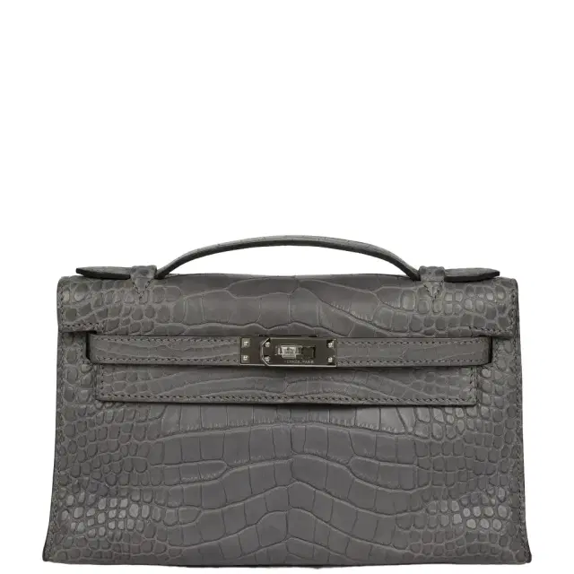 HERMÈS Pre-owned Hermes Kelly Pochette Gris Paris Matte Alligator Palladium Hardware