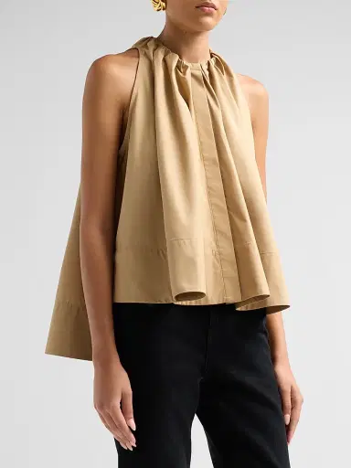 Co Women's Gathered High-Low tton Poplin Top - Camel | Thumbnail 4