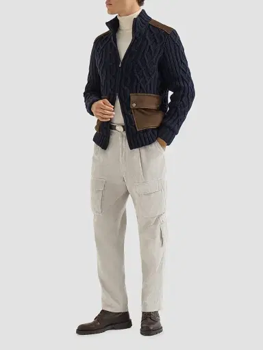 Brunello Cucinelli Men's Cable Knit Cardigan in Cashmere Feather with Suede Inserts | Thumbnail 2 Brunello Cucinelli Men's Cable Knit Cardigan in Cashmere Feather with Suede Inserts | Thumbnail 2