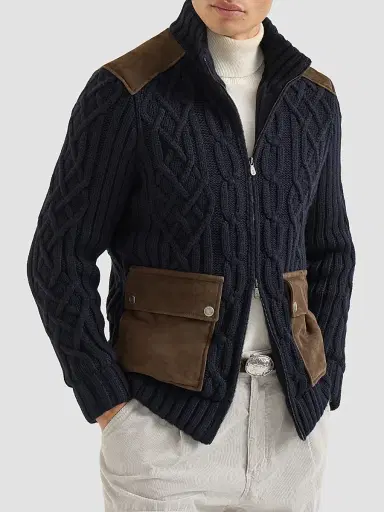 Brunello Cucinelli Men's Cable Knit Cardigan in Cashmere Feather with Suede Inserts | Thumbnail 3 Brunello Cucinelli Men's Cable Knit Cardigan in Cashmere Feather with Suede Inserts | Thumbnail 3