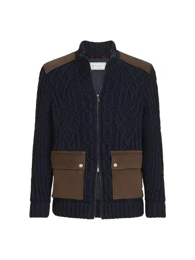 Brunello Cucinelli Men's Cable Knit Cardigan in Cashmere Feather with Suede Inserts | Thumbnail 1 Brunello Cucinelli Men's Cable Knit Cardigan in Cashmere Feather with Suede Inserts | Thumbnail 1