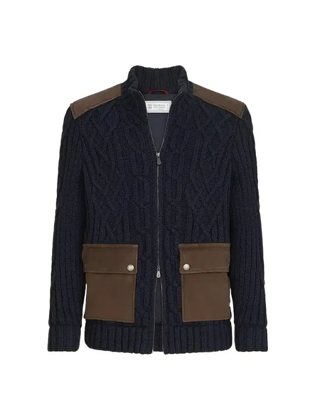 Brunello Cucinelli Men's Cable Knit Cardigan in Cashmere Feather with Suede Inserts