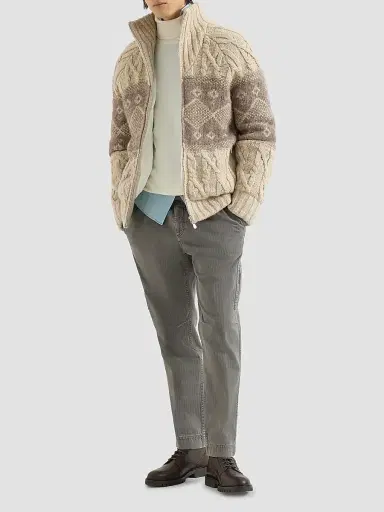 Brunello Cucinelli Men's Virgin Wool, Silk and Cashmere Chiné Cable Knit Down Jacket - Sand | Thumbnail 2