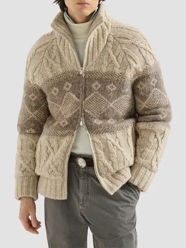 Brunello Cucinelli Men's Virgin Wool, Silk and Cashmere Chiné Cable Knit Down Jacket - Sand | Thumbnail 3