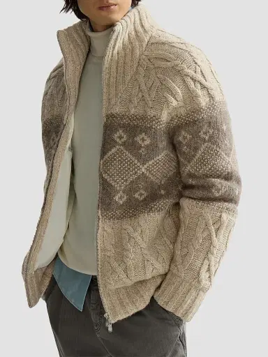 Brunello Cucinelli Men's Virgin Wool, Silk and Cashmere Chiné Cable Knit Down Jacket - Sand | Thumbnail 5