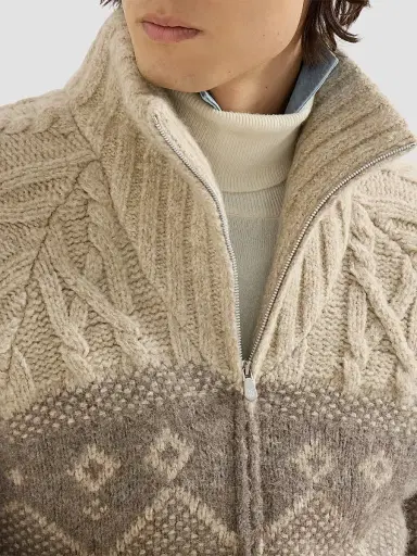 Brunello Cucinelli Men's Virgin Wool, Silk and Cashmere Chiné Cable Knit Down Jacket - Sand | Thumbnail 6