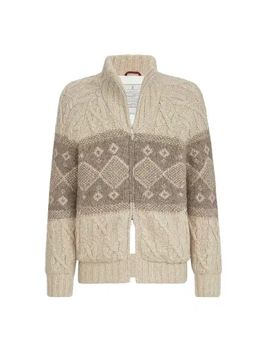 Brunello Cucinelli Men's Virgin Wool, Silk and Cashmere Chiné Cable Knit Down Jacket - Sand | Thumbnail 1
