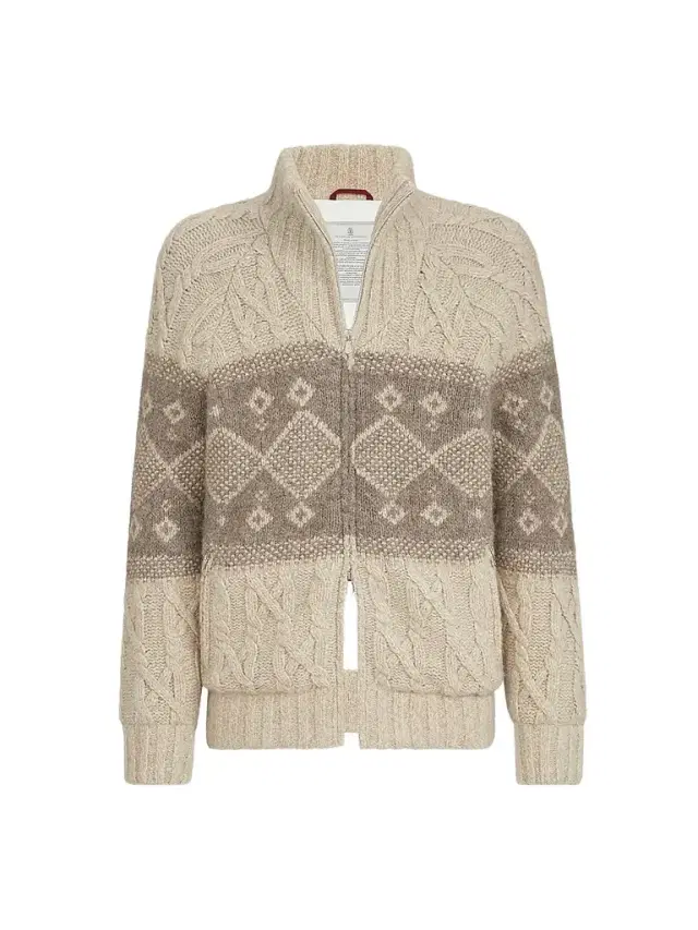 Brunello Cucinelli Men's Virgin Wool, Silk and Cashmere Chiné Cable Knit Down Jacket - Sand