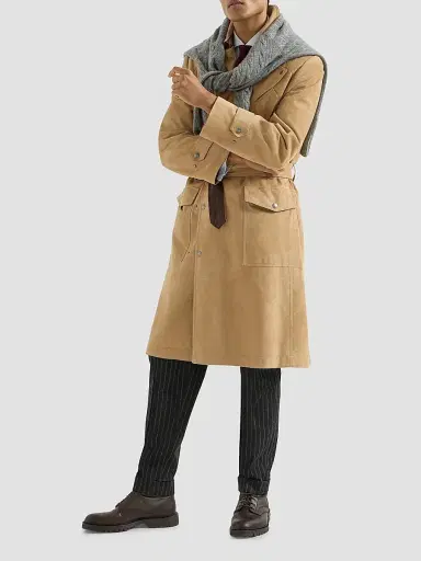 Brunello Cucinelli Men's Suede Motorcyle Trench with Nappa Leather Inserts - Sand | Thumbnail 2