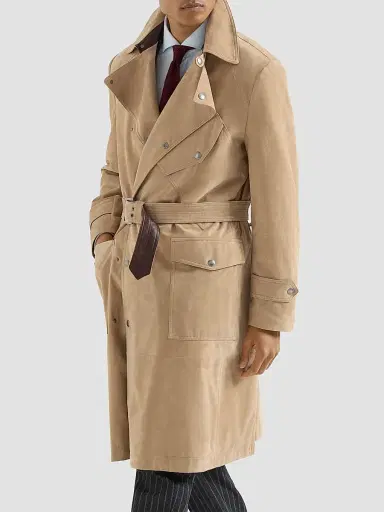 Brunello Cucinelli Men's Suede Motorcyle Trench with Nappa Leather Inserts - Sand | Thumbnail 3