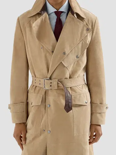 Brunello Cucinelli Men's Suede Motorcyle Trench with Nappa Leather Inserts - Sand | Thumbnail 6