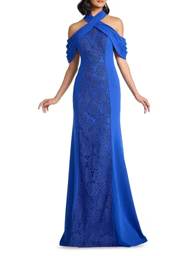 Tadashi Shoji Women's Cold-Shoulder Corded Lace Gown - Mystic Blue | Thumbnail 3