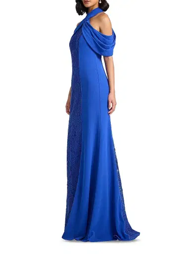 Tadashi Shoji Women's Cold-Shoulder Corded Lace Gown - Mystic Blue | Thumbnail 4