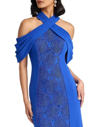 Tadashi Shoji Women's Cold-Shoulder Corded Lace Gown - Mystic Blue | Thumbnail 6