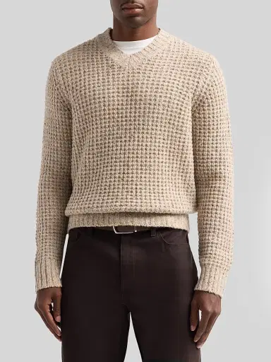 Vince Men's Waffle Donegal V-Neck Sweater - Cahuenga Khaki | Thumbnail 4