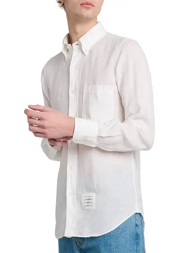 Thom Browne Men's Engineered 4-Bar Linen Straight-Fit Shirt - White | Thumbnail 6 Thom Browne Men's Engineered 4-Bar Linen Straight-Fit Shirt - White | Thumbnail 6